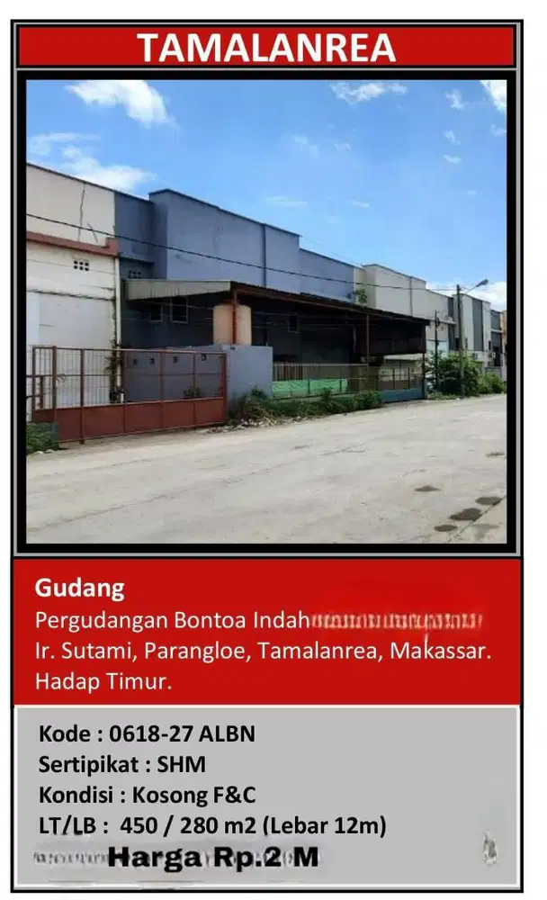 Dijual Gudang bontoa indah parangloe ir sutami