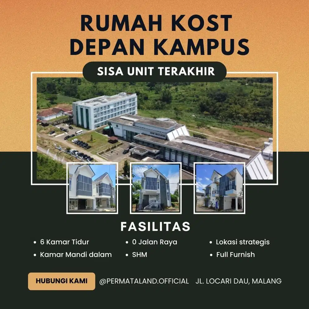 Dijual rumah kos 6 kamar desain mewah depan kampus UIN kedokteran mala