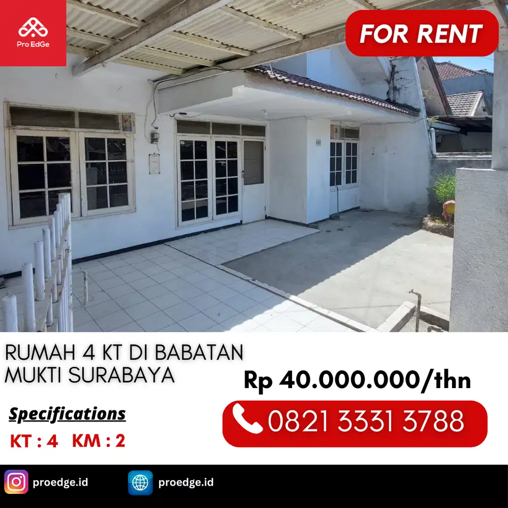 Disewakan Rumah 4 Kamar 40 Juta di Babatan Mukti Wiyung Surabaya