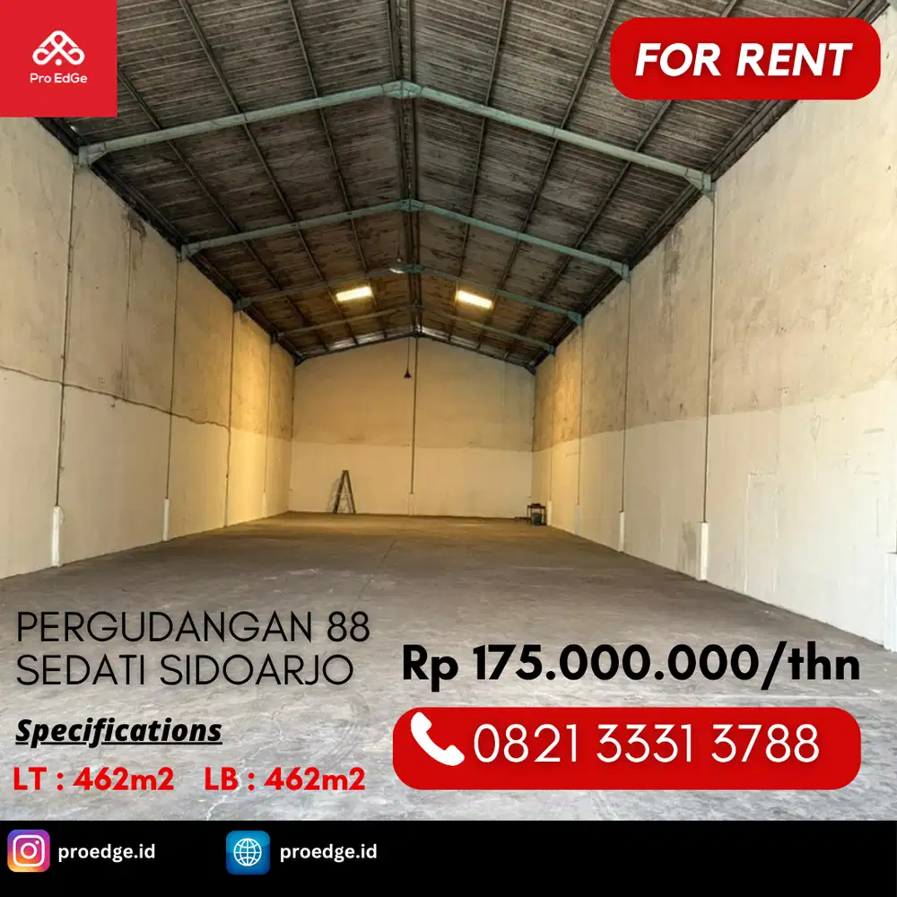 Disewakan Gudang 462m2 Pergudangan 88 Sedati Sidoarjo 7km Tol Juanda