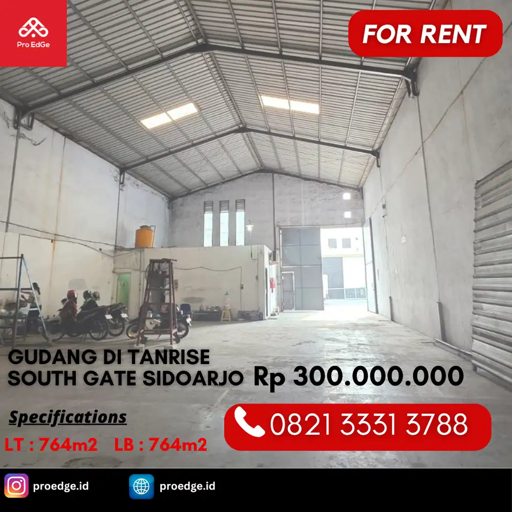 Disewakan Gudang 764m2 di Gedangan Dekat Tol Juanda Sidoarjo
