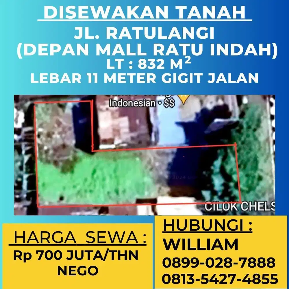 DISEWAKAN TANAH JL DR RATULANGI DEPAN MALL MARI MAKASSAR