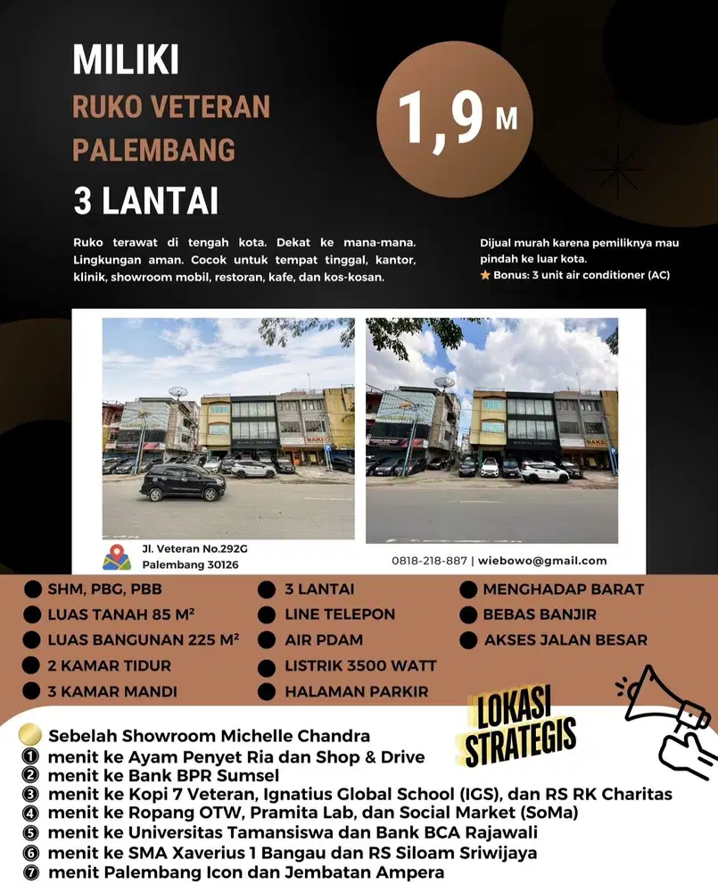 Dijual Ruko Veteran Palembang (3 Lantai) Gratis 3 AC