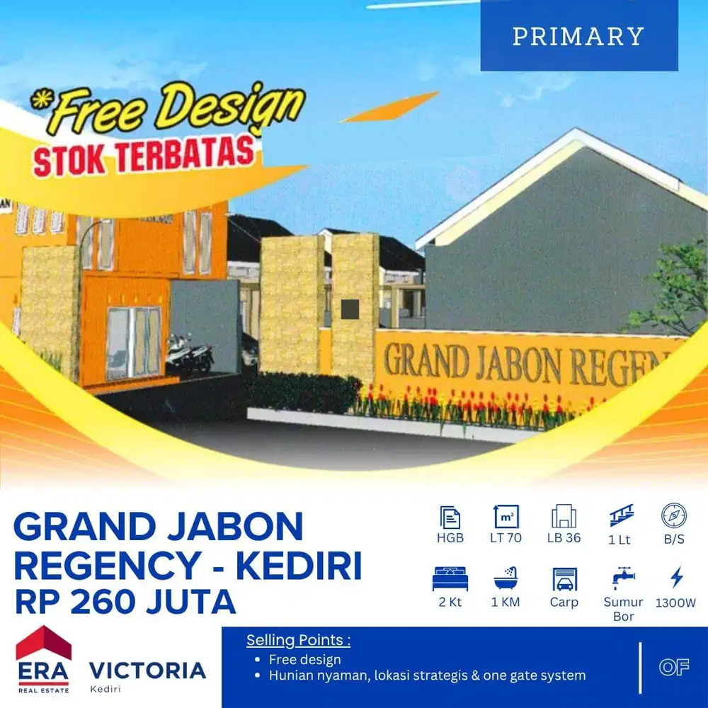 Dijual Primary House 260juta  LT 70m² LB 36m² di Grand Jabon Kediri
