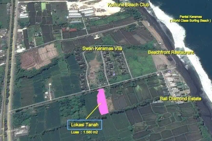 TANAH TERMURAH DI AREA INI - SAMPING SWAN VILLA, JALAN KAKI KE PANTAI SURFING KERAMAS & KOMUNE BEACH CLUB