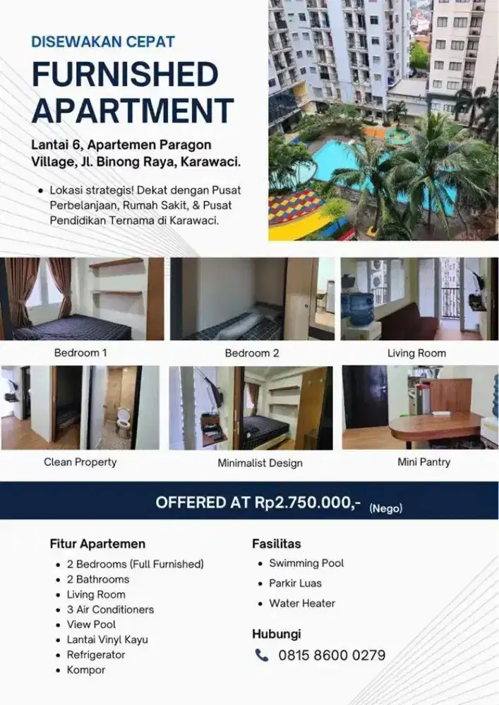 DISEWAKAN MURAH - 2BR FURNISHED APARTMEN PARAGON VILLAGE KARAWACI
