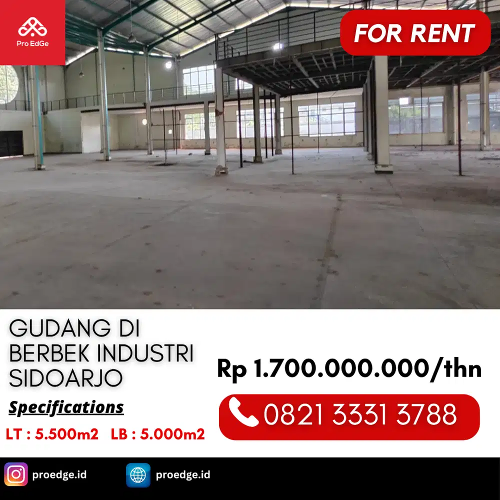 Disewakan Gudang 5000m2 di Berbek Industri Sidoarjo