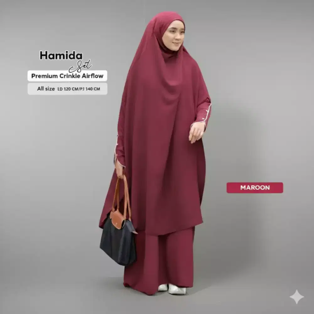 SET ABAYA & FRENCH KHIMAR | CRINKLE AIRFLOW | MAROON | USED LIKE NEW