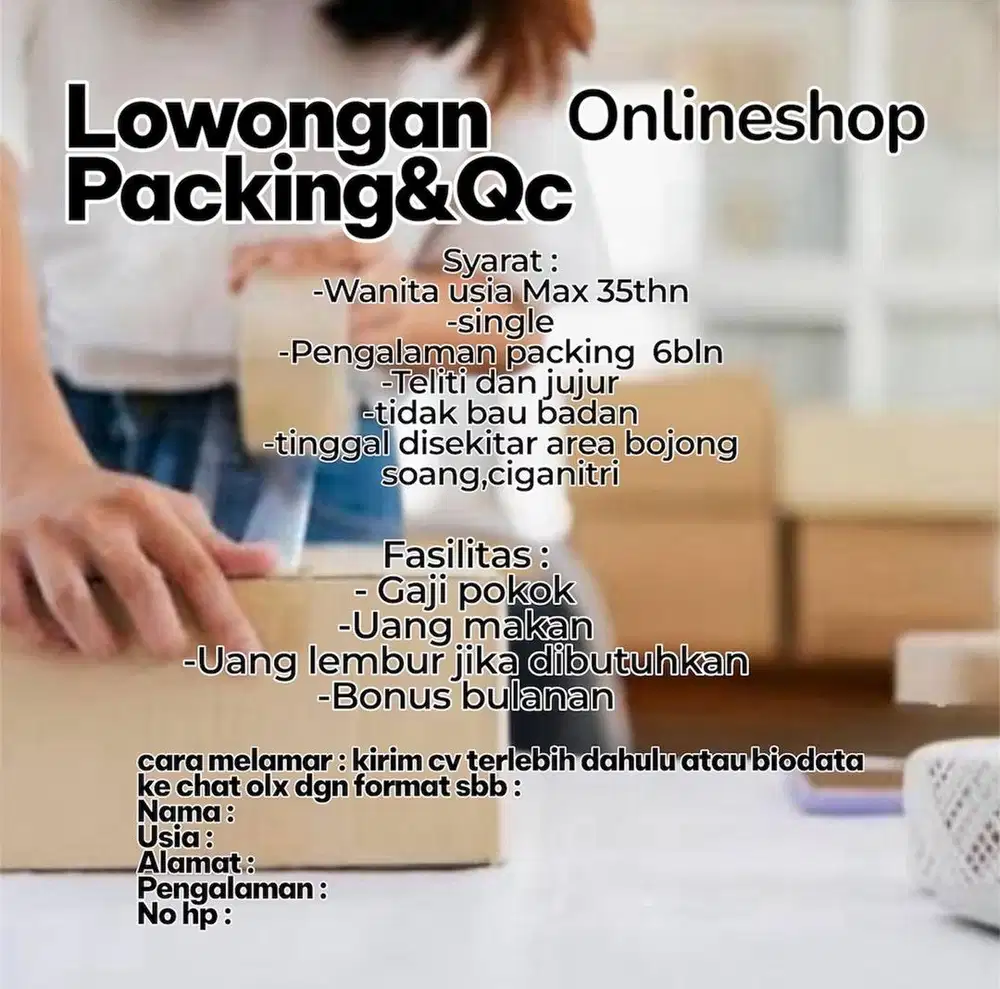 Lowongan packing tas daerah bojong soang