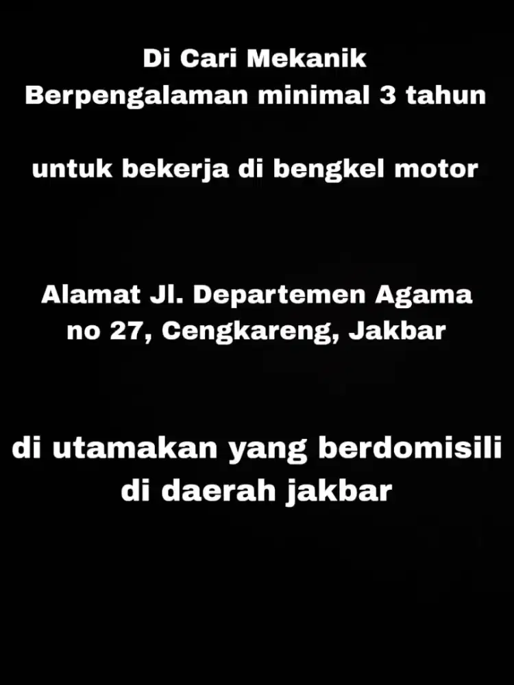 DI CARI MEKANIK BERPENGALAMAN MINIMAL 3 TAHUN