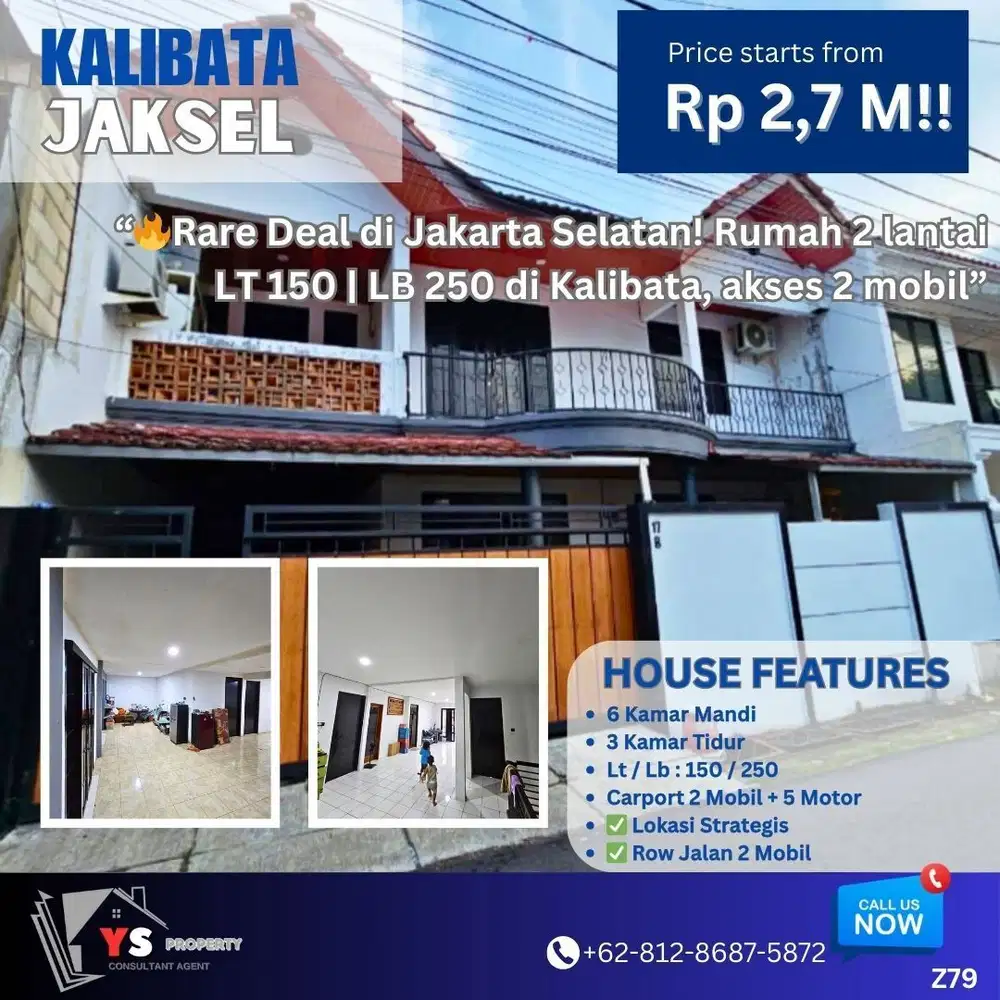Rumah 2 lantai Kalibata, 6 KT, akses 2 mobil. Rp 2,7 M Nego! Z79