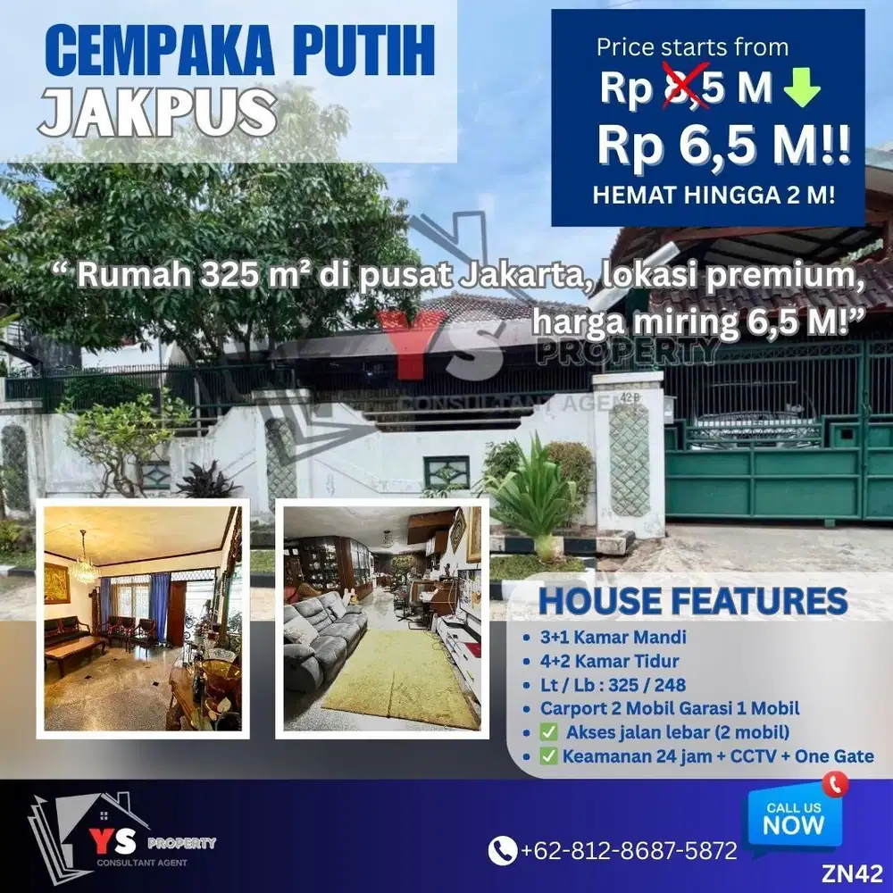 Rumah 325 m di pusat Jakarta, lokasi premium, harga miring 6,5 M! ZN42