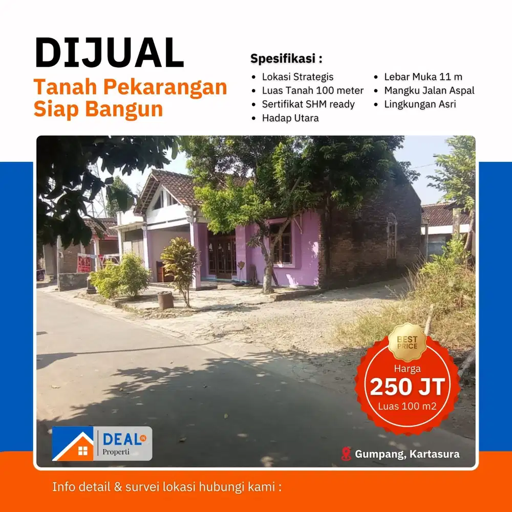 JUAL TANAH MURAH SERTIFIKAT READY SHM DI GUMPANG KARTASURA SUKOHARJO