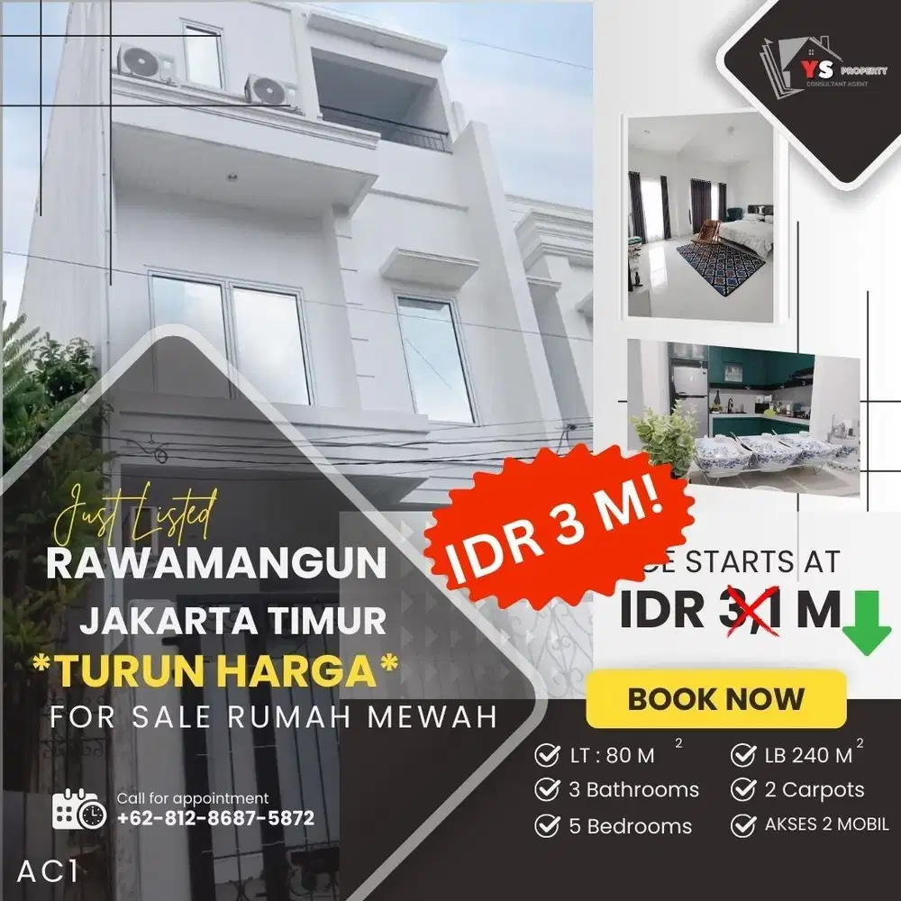 RAWAMANGUN JAKTIM TURUN HARGA! RUMAH MEWAH 3 LT FULL FURNISHED AC1
