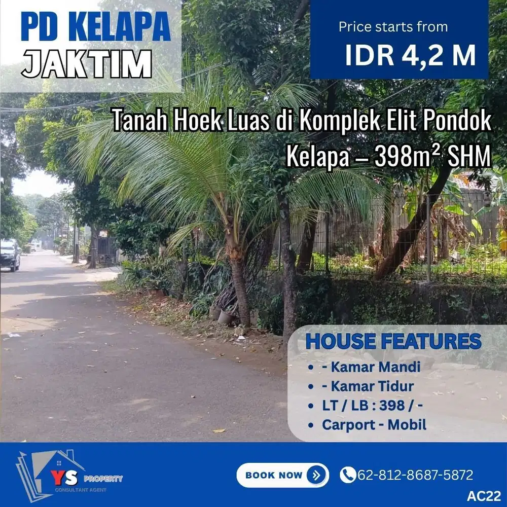 Jarang Ada! Tanah Hoek 398m² di Komplek Elit Pondok Kelapa AC22