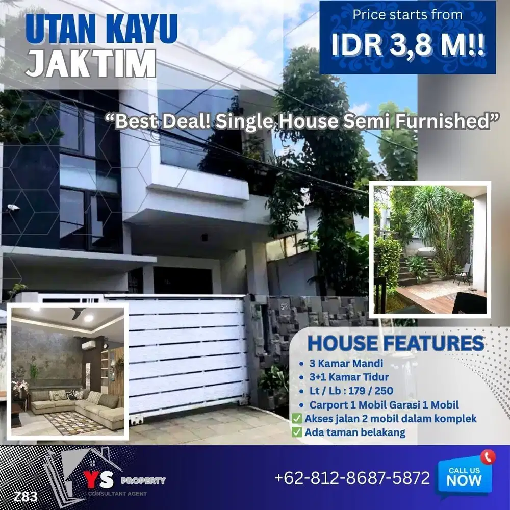 “Rumah 2 Lantai Semi Furnished + Taman, Utan Kayu Jaktim” Z83