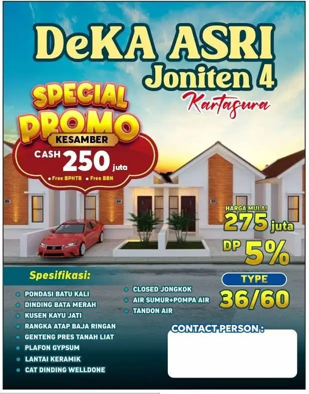 JUAL RUMAH BARU 275 JUTA NGEMPLAK KARTASURA TYPE 36/60