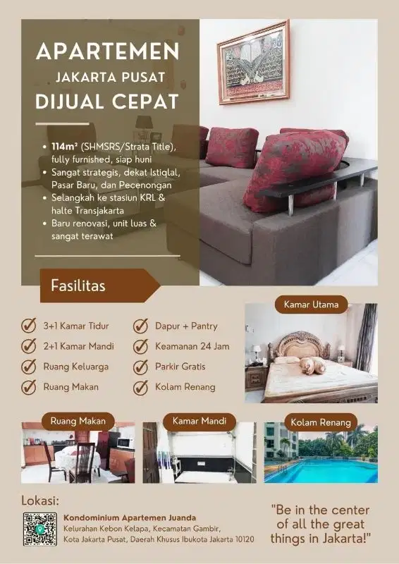 Dijual Apartemen Kondiminium Juanda 4 kamar full furnished