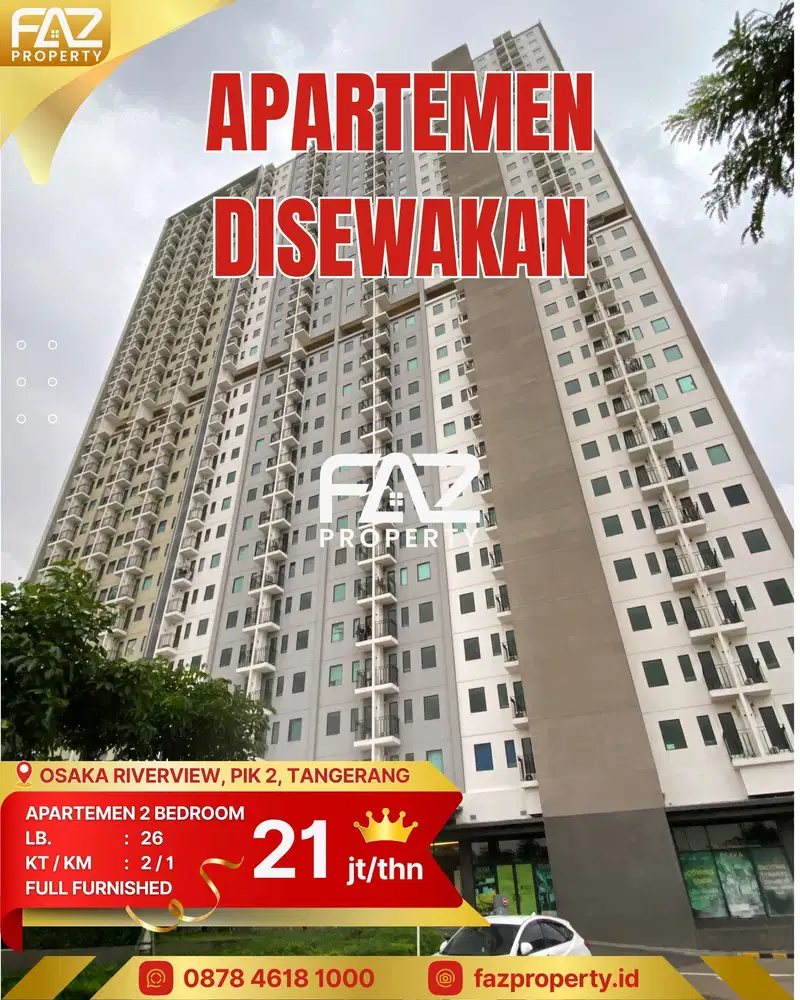 Disewakan Bulanan Tahunan Apt 2 BR FF Osaka Riverview PIK2 Tangerang