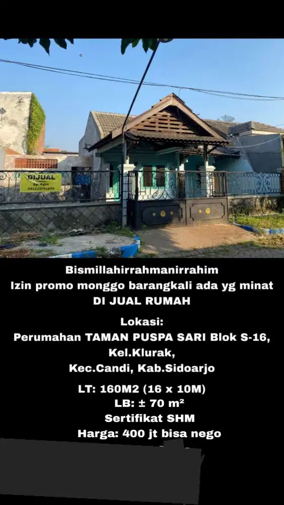 Rumah luas 160 m2 harga 400 juta di klurak, Candi, Sidoarjo