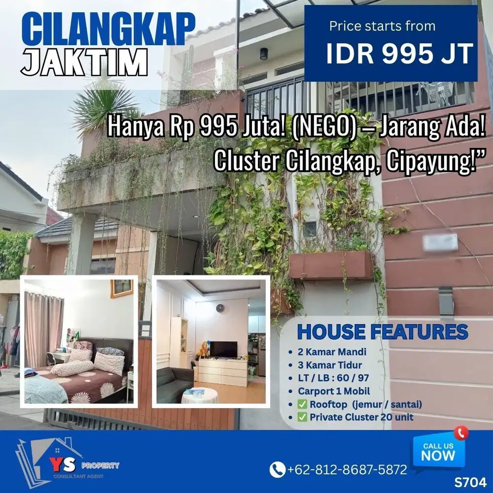 Hanya Rp 995 Juta (NEGO) Rumah 2 Lt Harga Terjangkau di Cluster S704