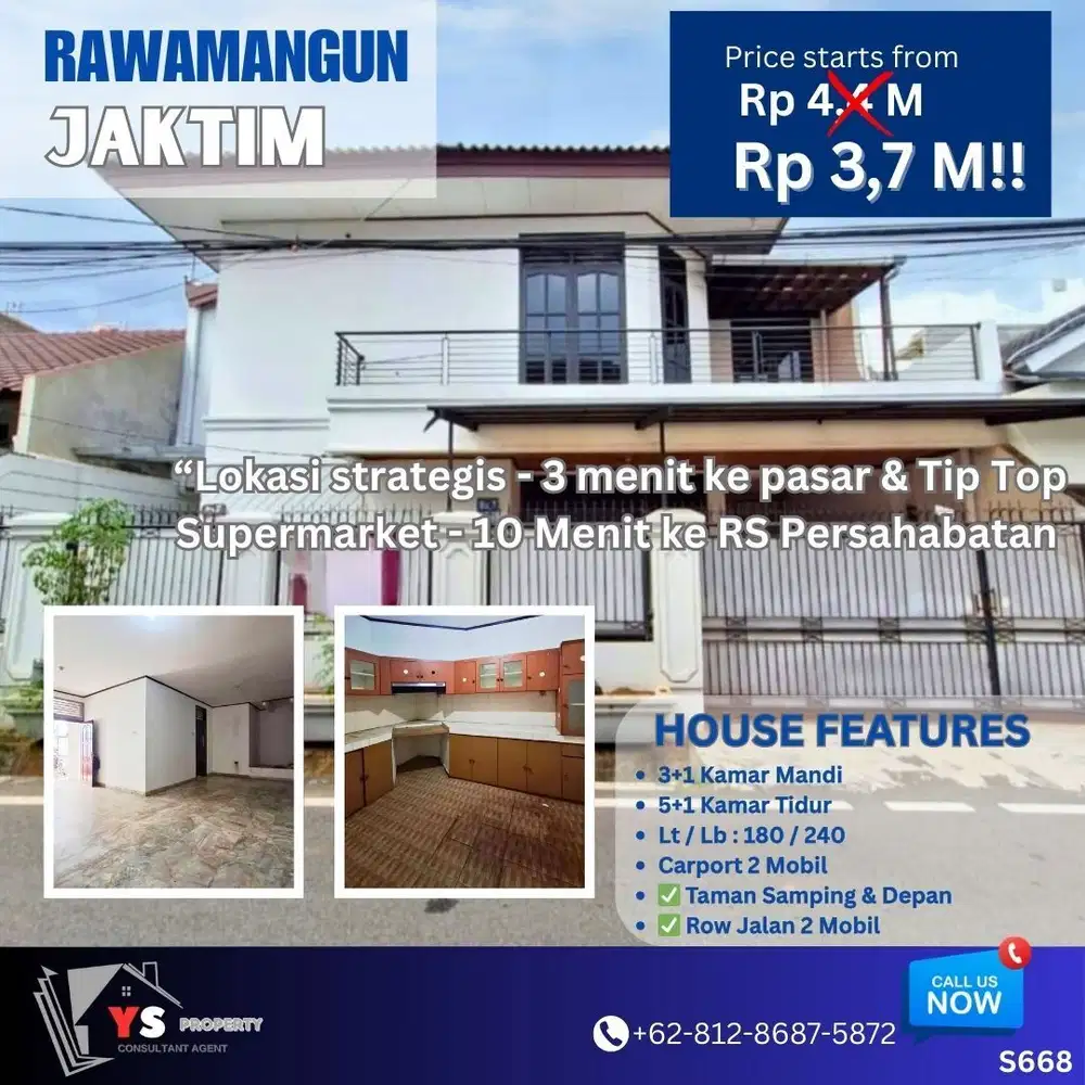 Harga Turun! Rumah 2 lantai luas di Rawamangun jadi hanya 3,7 M S668