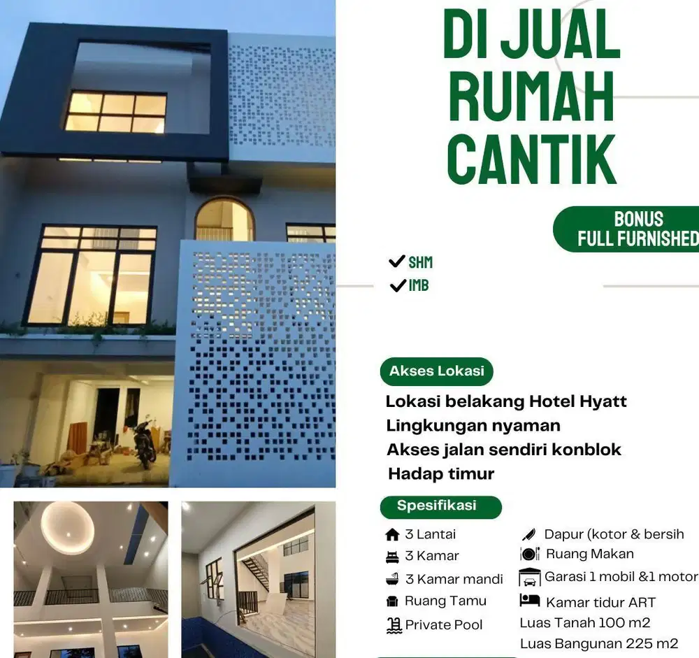 Rumah mewah 3 lantai Full furnished & kolam renang dekat hotel Hyatt