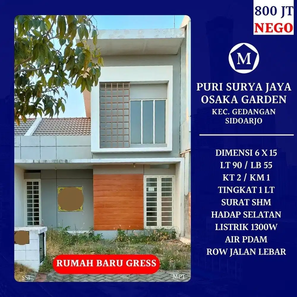 Rumah SHM Baru Gress Puri Surya Jaya Osaka Garden Gedangan Sidoarjo dkt Rajawali Sedati