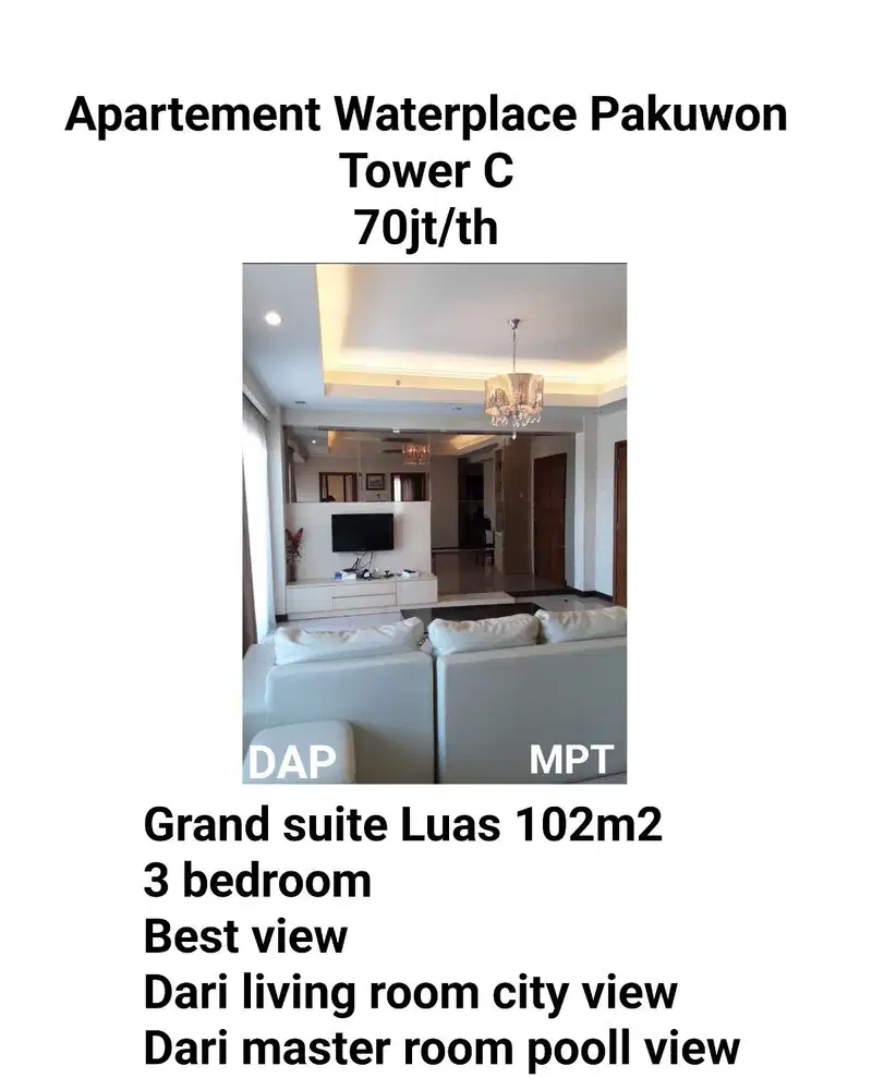 Disewakan Apartement Waterplace Pakuwon Indah Surabaya Sebelah Supermall Pakuwon