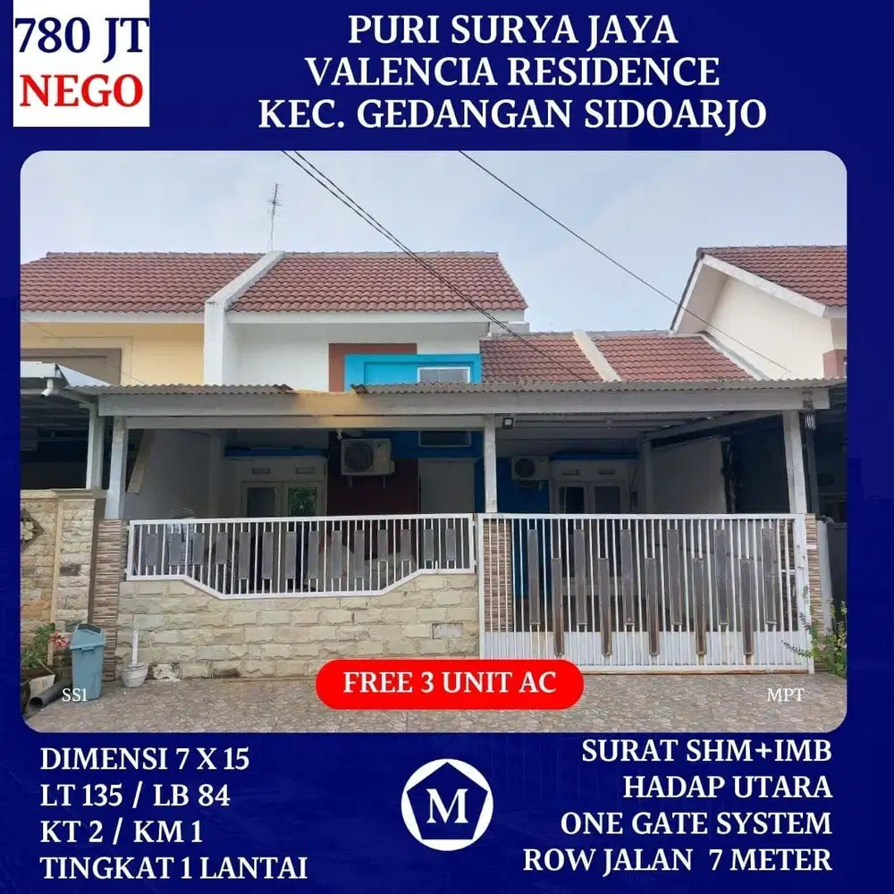 Jual Rumah SHM Puri Surya Jaya Valencia Residence Gedangan Sidoarjo dkt Pahlawan Meiko Abadi