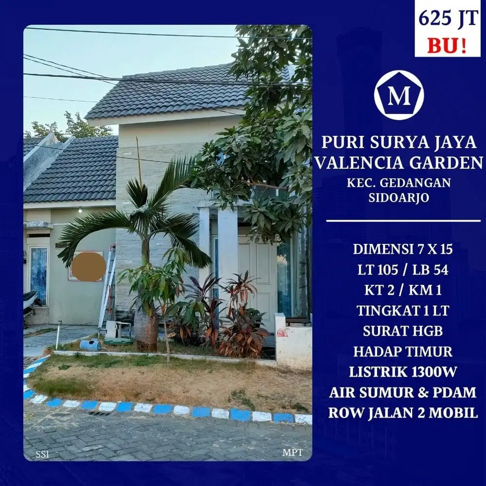 Rumah Gedangan Sidoarjo Puri Surya Jaya Valencia Garden dkt Buduran Ketajen Murah BU