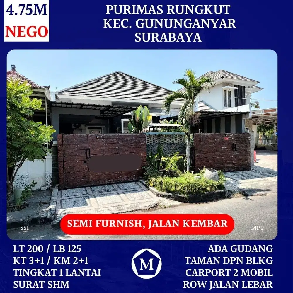 Rumah Purimas Rungkut Gununganyar Semi Furnish Jalan Kembar dkt Nginden Nirwana