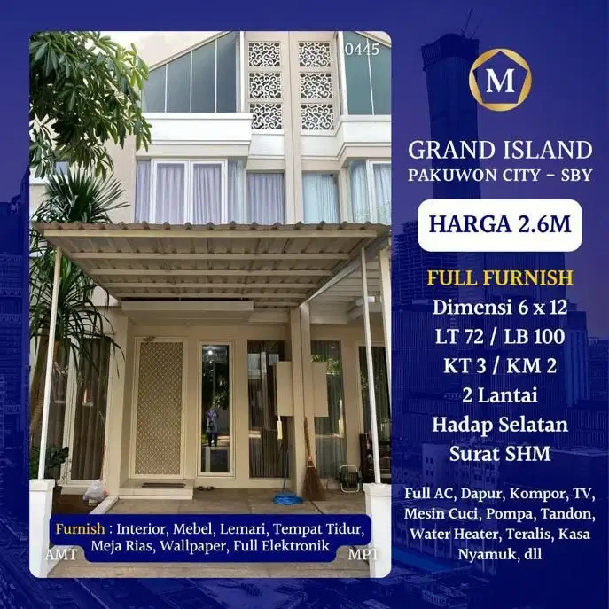 Rumah Grand Island Surabaya Timur Pakuwon City Full Furnish SHM dkt Lebak Ploso Mulyosari