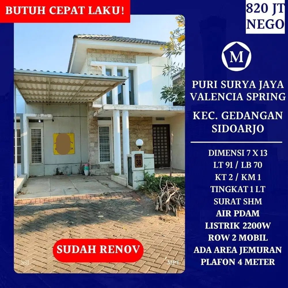 Rumah SHM Sudah Renov Puri Surya Jaya Valencia Spring Gedangan dkt Meiko Abadi