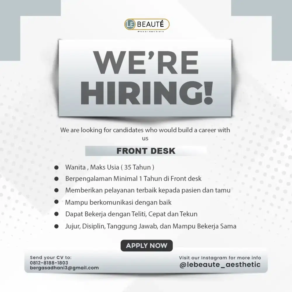 LOKER FRONT DESK KLINIK KECANTIKAN CIBUBUR