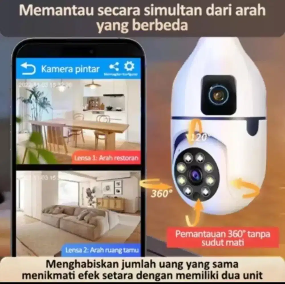 Kamera cctv dual lensa kamera bisa offline dan online plus mmc 256gb