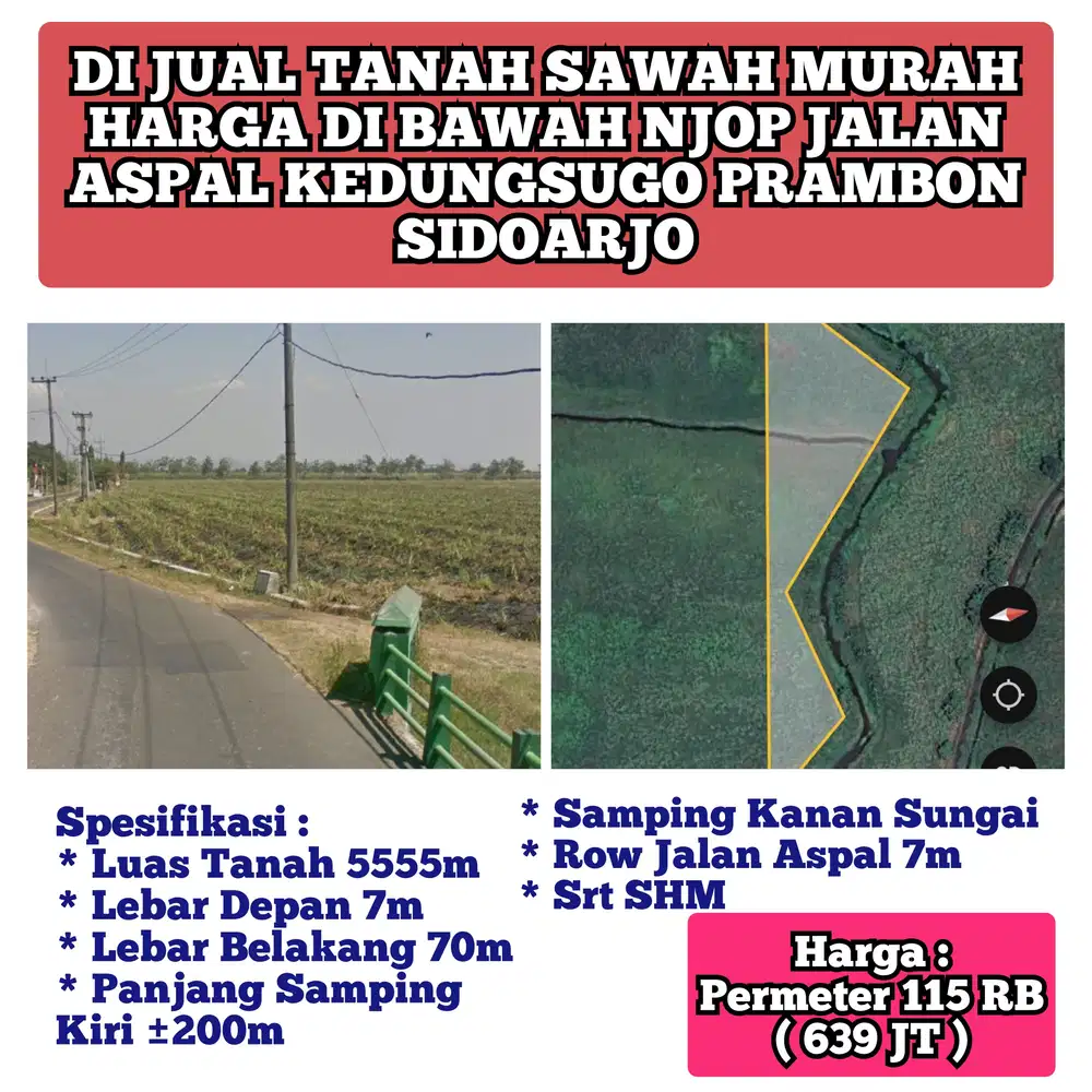 Di Jual Murah Tanah Sawah Kedungsugo Prambon Sidoarjo Shm Lt 5555m