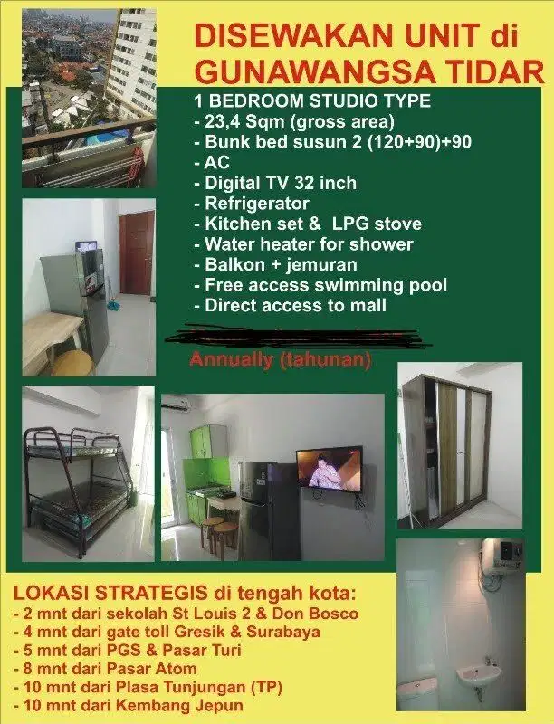 Disewakan apart Studio semi furnished Gunawangsa Tidar A lt16 Surabaya