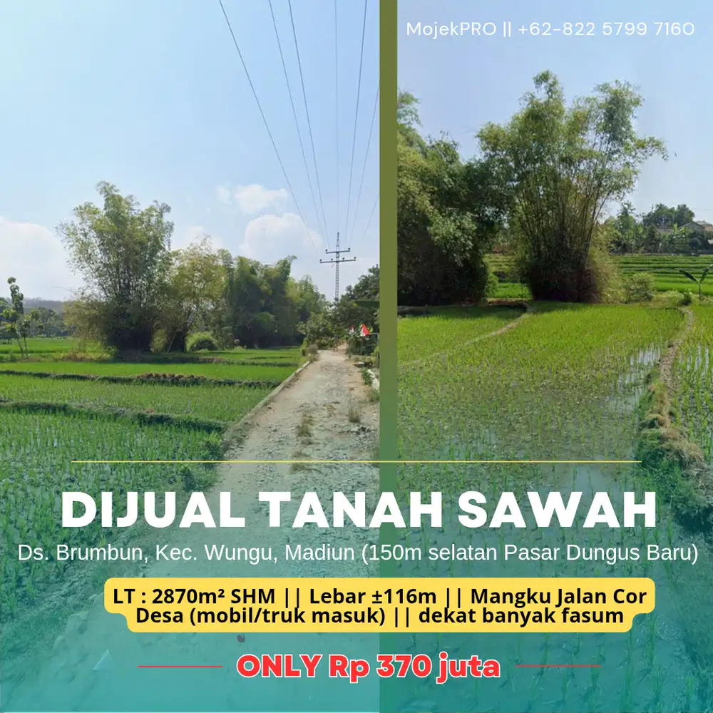 Tanah Sawah Murah Akses Truk di Dekat Pasar Dungus Madiun