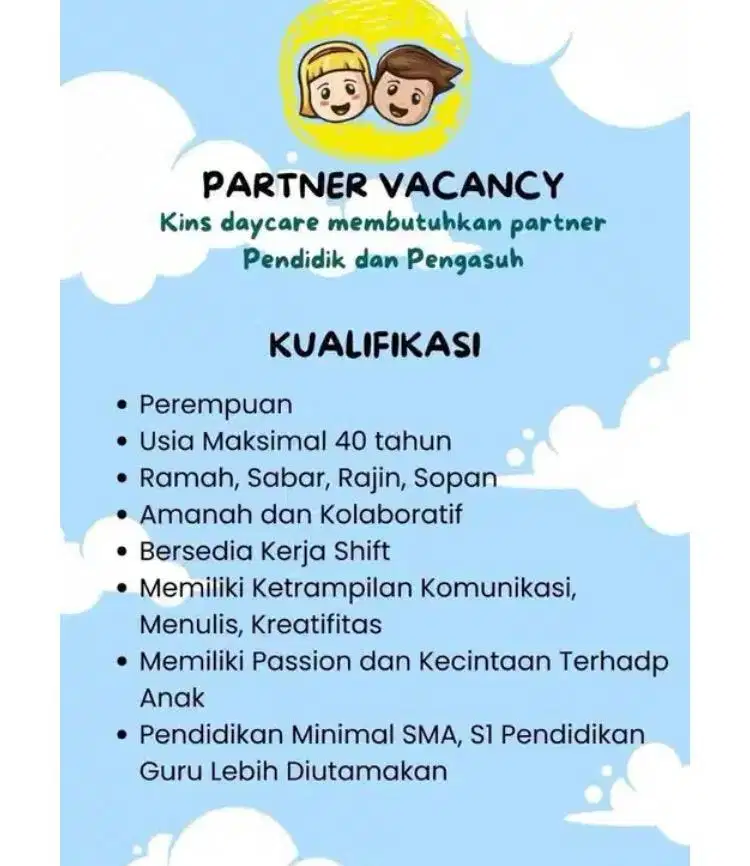 Loker Guru Pendidik dan Pengasuk Daycare