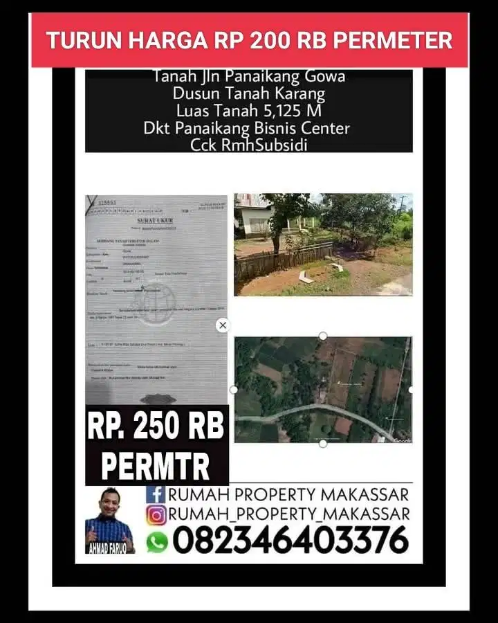 Turun  Harga  Tanah Jln Panaikang Gowa Dusun Tanah Karang Luas 5,125 Mtr