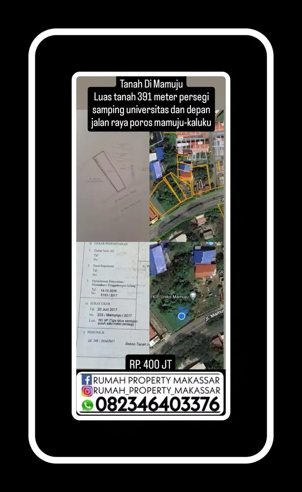 Tanah  Di Mamuju LT 391 meter persegi samping universitas dpn Jl Poros