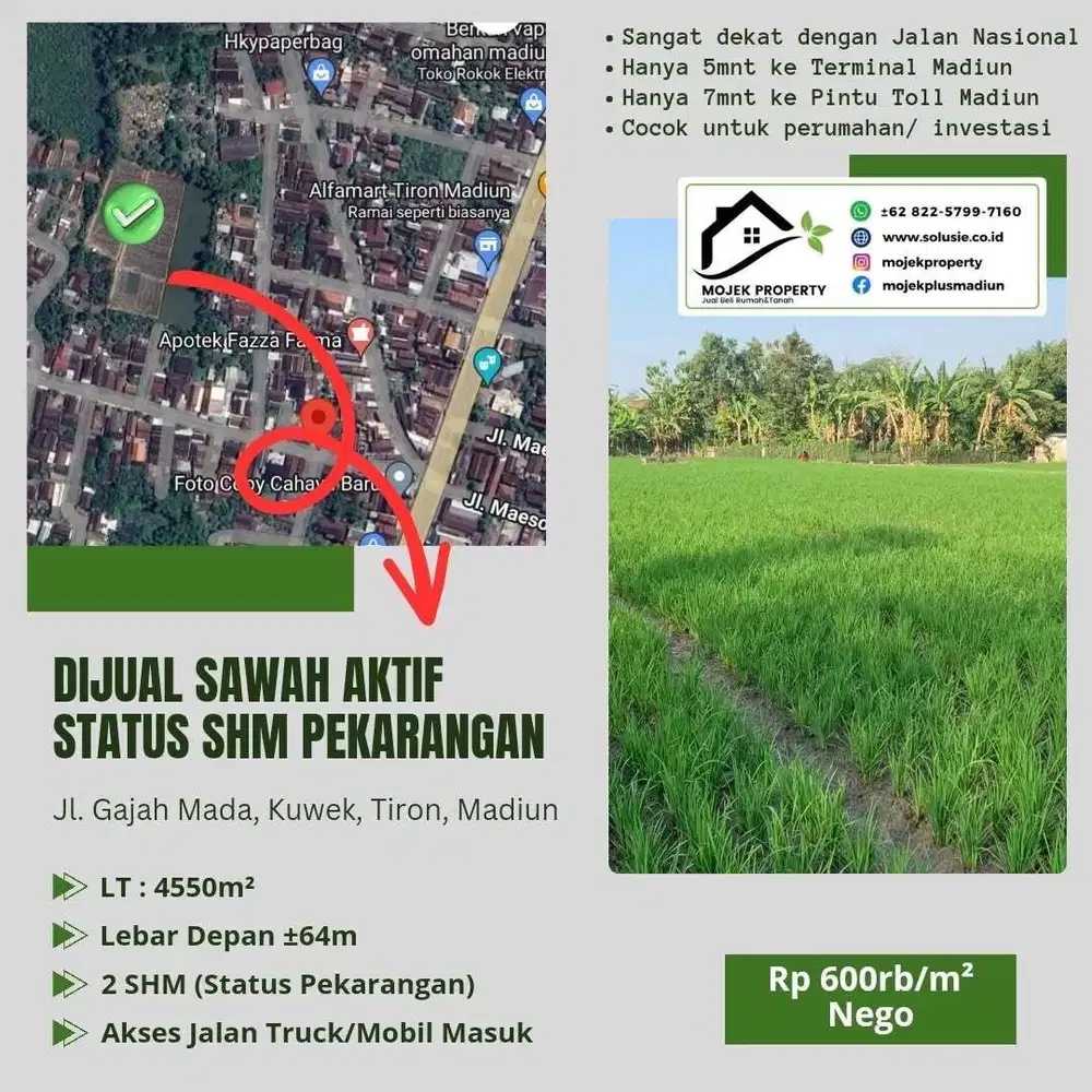 Dijual TANAH MURAH, LUAS, STRATEGIS untuk Perumahan di Nglames Madiun