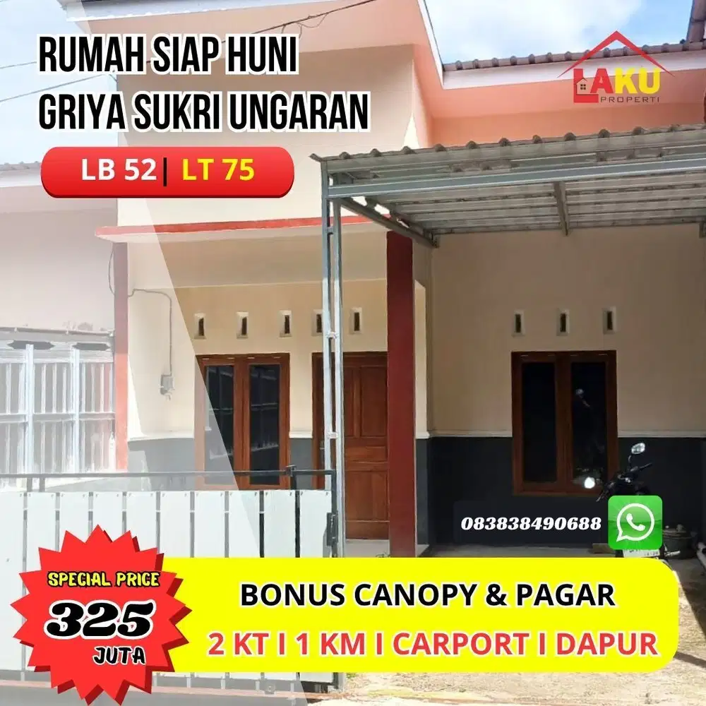 Rumah Siap Huni Type 52, PDAM & Sumur, Bonus Pagar, Kanopi Harga Hemat