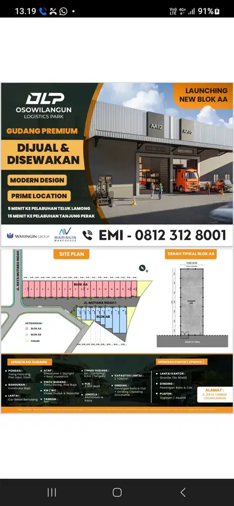 DISEWAKAN GUDANG BARU OSOWILANGUN 600 M2 SURABAYA