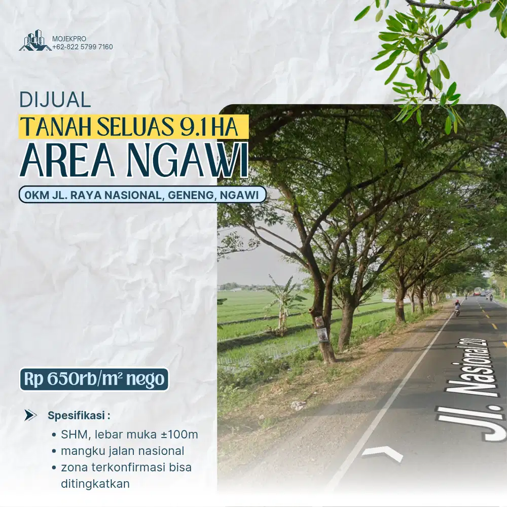 DIJUAL TANAH SELUAS 9.1ha Pinggir Jalan Nasional, Geneng, Ngawi