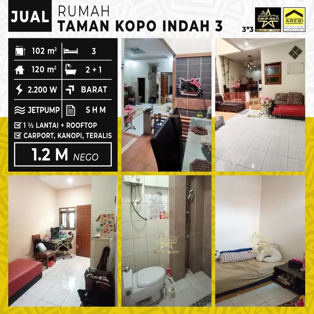 1,2M Dijual cepat Rumah TKI 3 taman kopo indah 3 lt 102 lb 120 kt3 km3