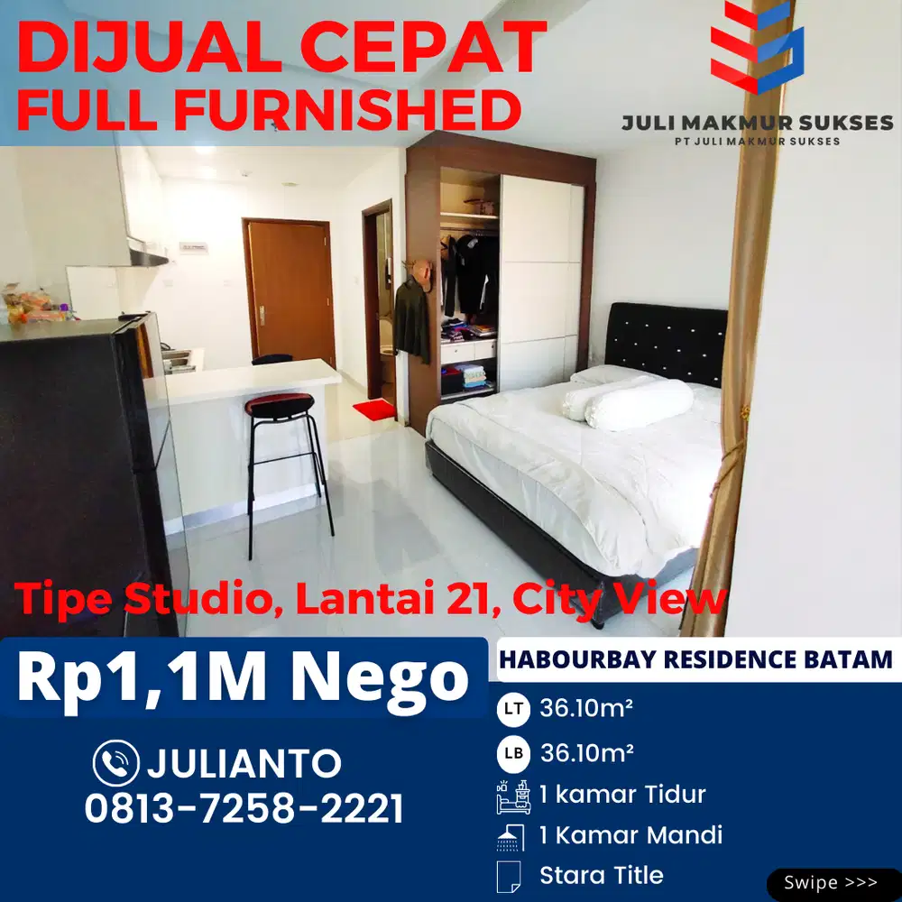 Dijual CEPAT Apartemen Studio di Habourbay Residence Batam