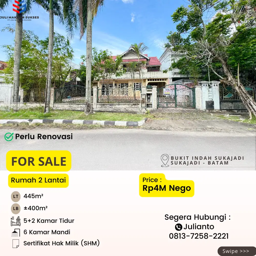 Dijual CEPAT Rumah 2 Lantai Perlu Renovasi di Bukit Indah Sukajadi