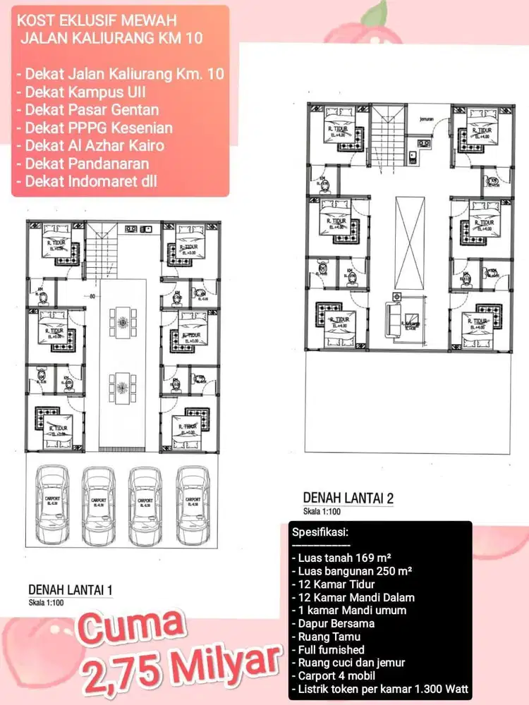 dijual kos eksklusif sleman dekat kampus UII di jalan kaliurang km 10